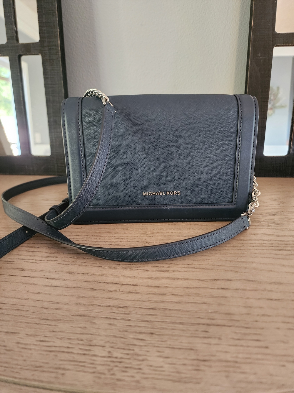 Michael Kors Dark Blue Saffiano Leather Crossbody with Silver Hardware